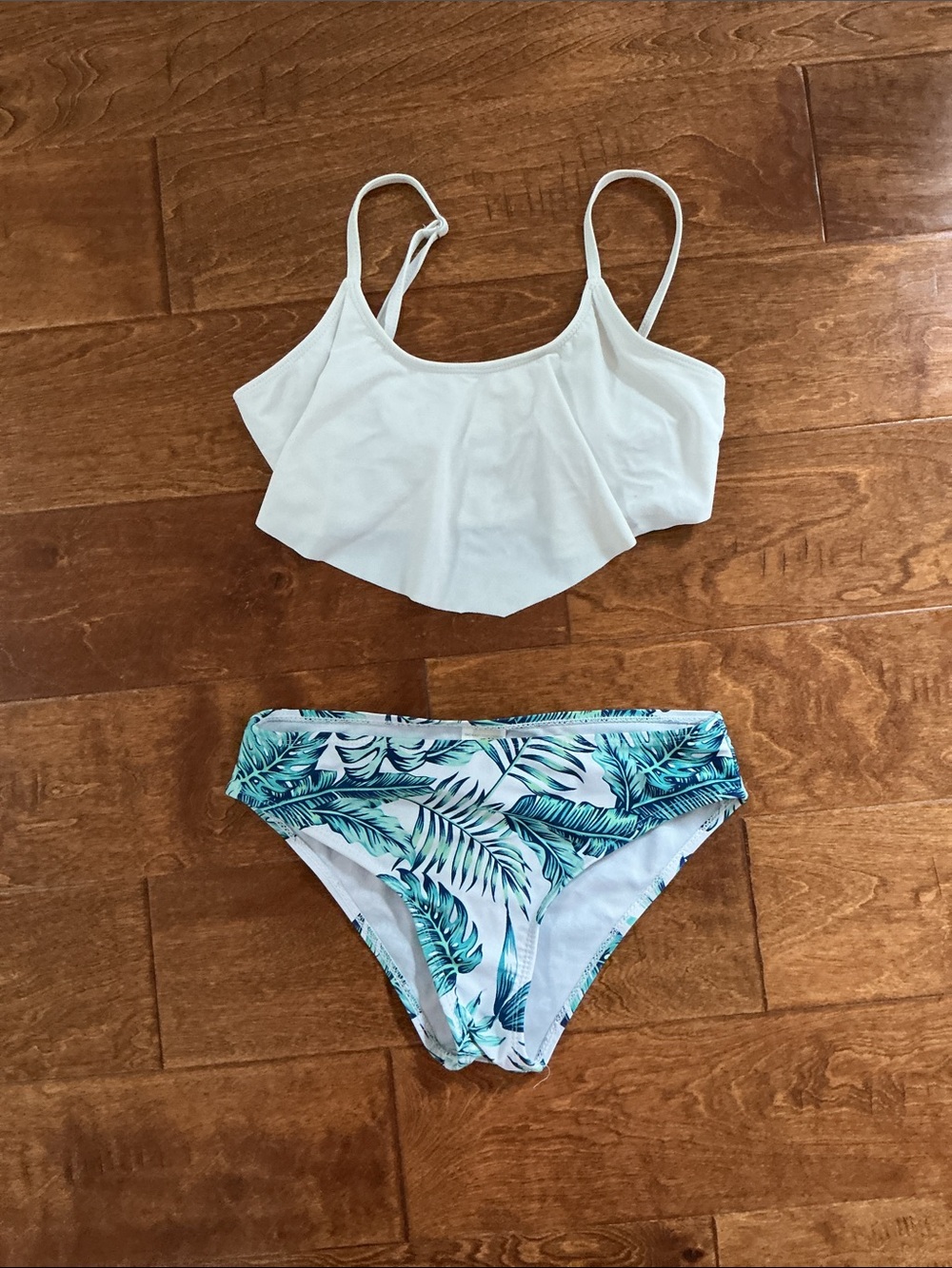 Amazon White Flounce Tankini Top with Green Blue Leaf Print Bikini Bottom